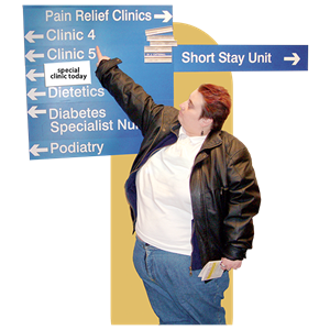 woman pointing at hospital sign 