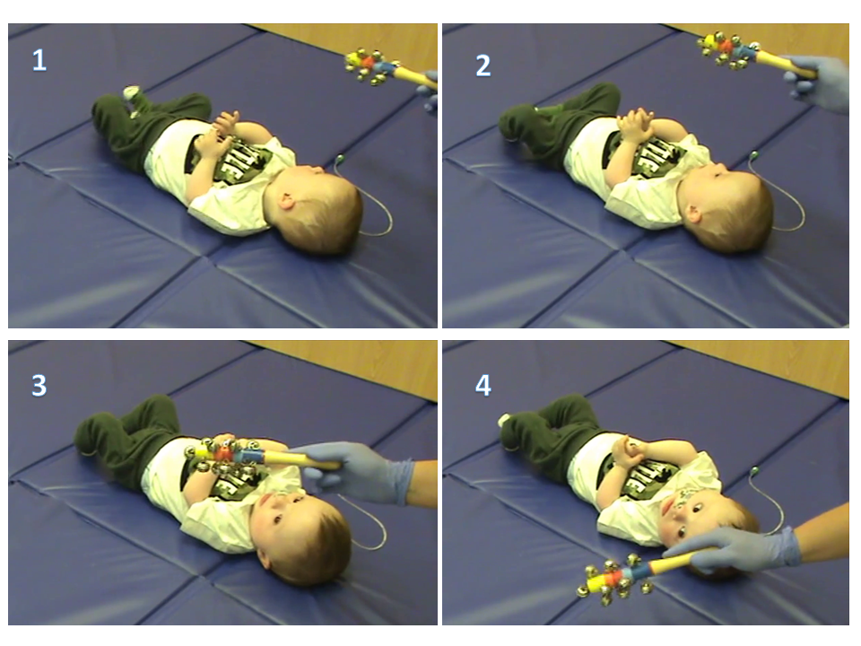 Series of four photos of baby rotating its head, following a toy