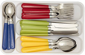 knives, forks and spoons on a tray
