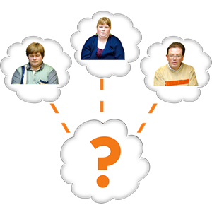 graphic of a question mark with three people surrounding it 