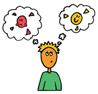 graphic of a boy thinking positive and negative thoughts
