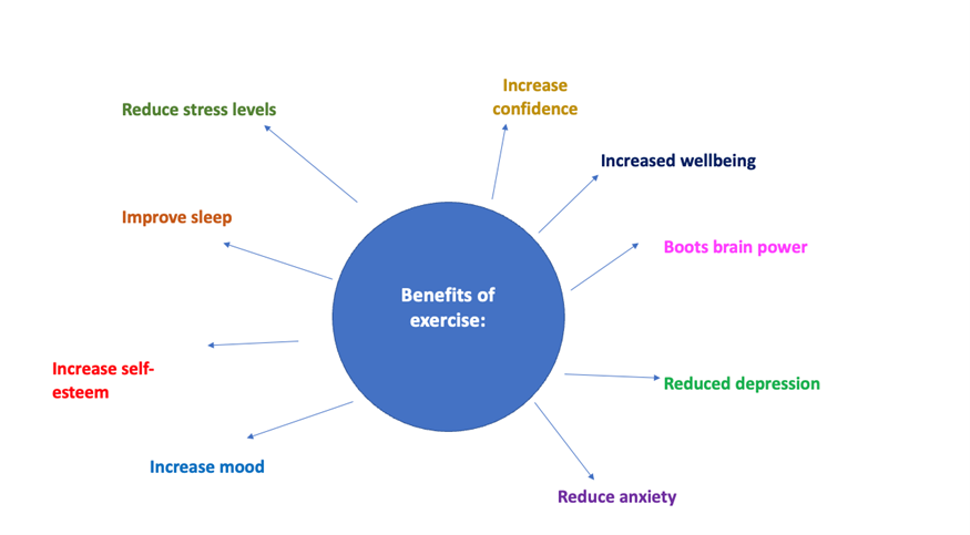 benefits of exercise include improved sleep, reduced stress levels, increased wellbeing, increase confidence, self esteem and mood