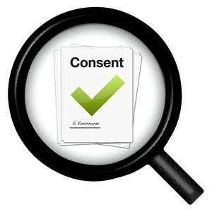 magnifying glass with a green tick reading "consent" 